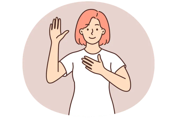 Woman promises to tell truth or takes solemn oath and swears with hand over heart and raising palm  Illustration