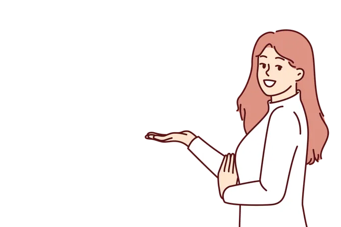 Woman Promoter Stretches Out Hand With Raised Palm To Present New Product Or Discount Card For Regular Customers Promoter Girl With Long Hair Stands Near Copy Space And Looks At Screen Smiling Illustration