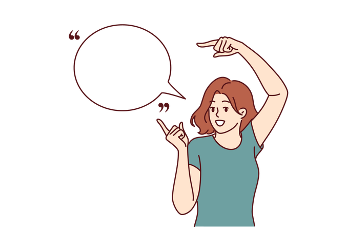 Woman promoter with smile points to speech bubble to place quote or marketing proposal  Illustration