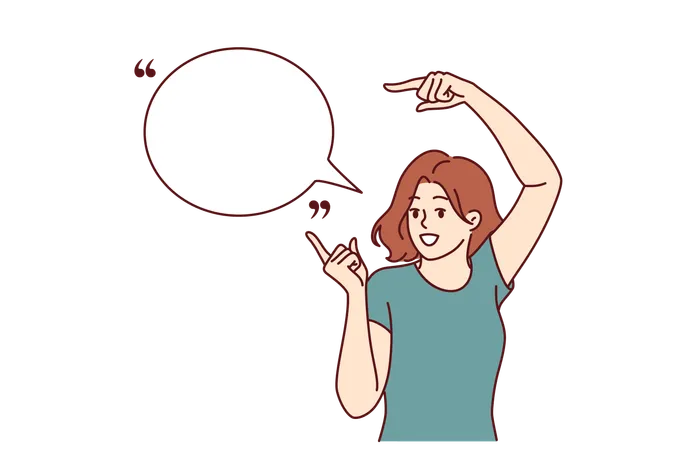 Woman Promoter With Smile Points To Speech Bubble To Place Quote Or Marketing Proposal Teenage Girl Promoter In Casual Clothes Stands Near Dialogue Cloud With Copy Space For Text Illustration