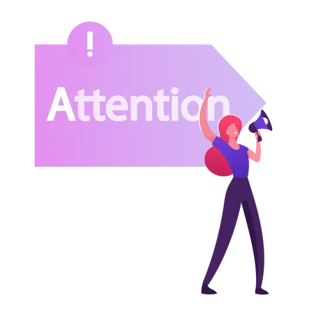 Woman Promoter Yelling to Megaphone front of  with Attention Typography Illustration