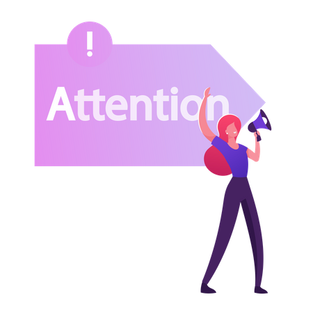 Woman Promoter Yelling to Megaphone front of  with Attention Typography  Illustration