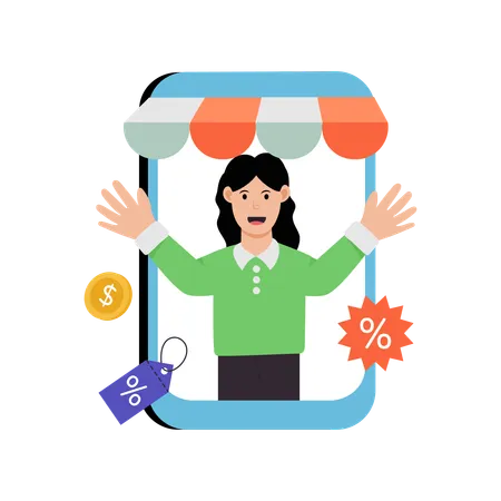 Woman Promotes Sale Shopping  Illustration