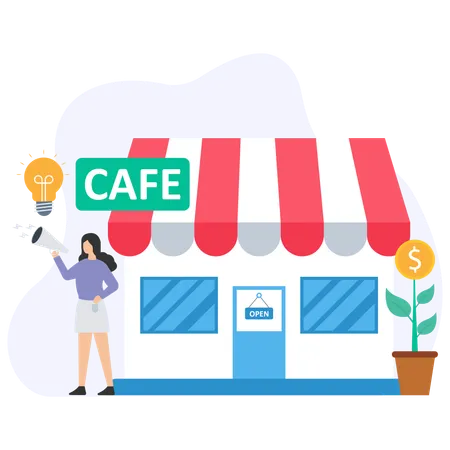 Woman promoting coffee shop  Illustration