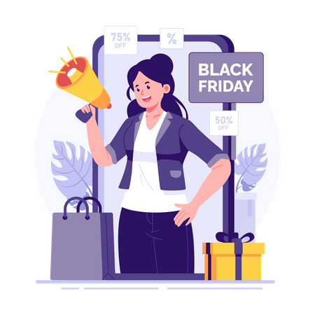 Woman promoting discount price on black friday  Illustration