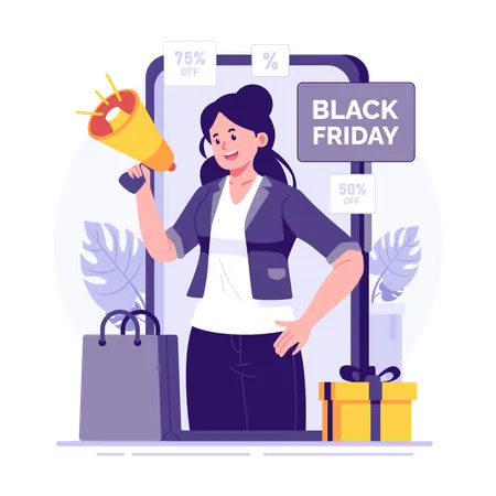 Woman promoting discount price on black friday  Illustration