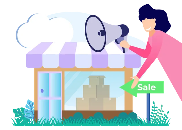 Woman promoting for sale at store Illustration