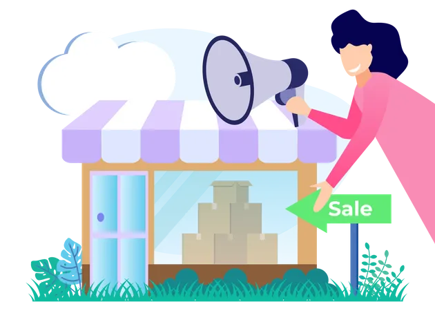 Woman promoting for sale at store  Illustration