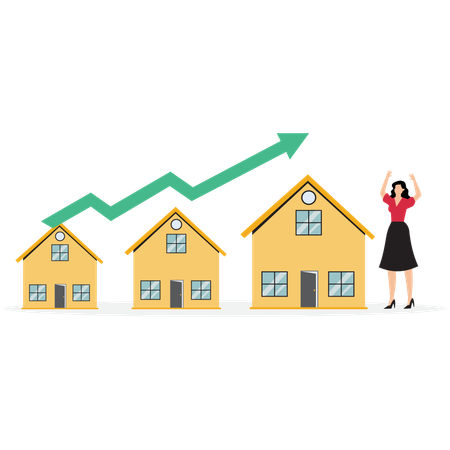 Woman property owner with arrow rising houses  Illustration