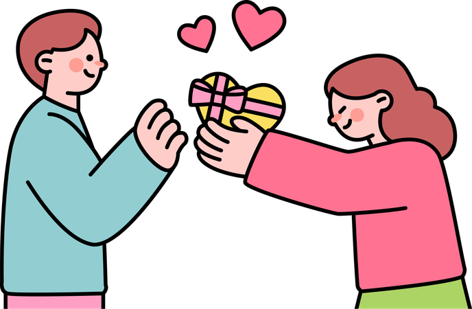 Woman proposes man with chocolate box  Illustration