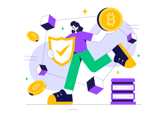 Woman Protect Blockchain Technology  Illustration