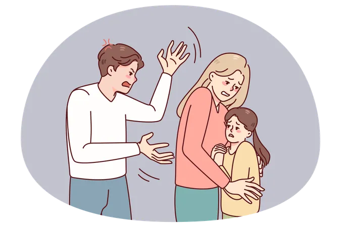 여성이 공격적인 남편으로부터 아이를 보호하다  일러스트레이션