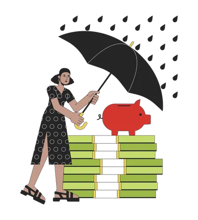 Protection From Financial Risks Flat Line Concept Vector Spot Illustration Woman Covering Savings From Rain 2 D Cartoon Outline Character On White For Web UI Design Editable Isolated Color Hero Image Illustration