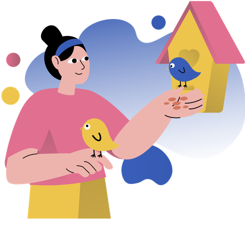 Woman protects bird in birdhouse  Illustration