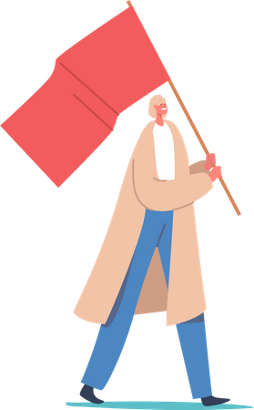 Woman protesting holding red flag  Illustration