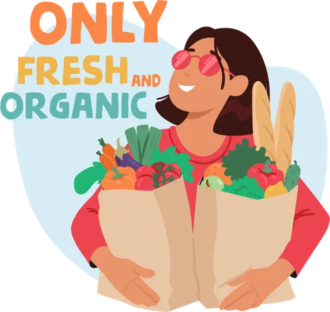 Vegan Woman Proudly Carries Paper Bags Brimming With Fresh Plant Based Delights Female Character Embodying Her Commitment To Health Ethics And Sustainability Cartoon People Vector Illustration Illustration