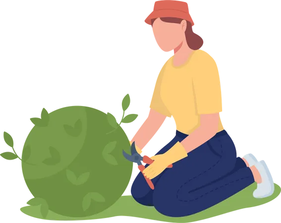 Woman Pruning Bush In Garden Semi Flat Color Vector Character Sitting Figure Full Body Person On White Maintaining Garden Simple Cartoon Style Illustration For Web Graphic Design And Animation Illustration