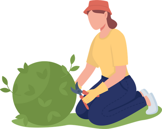 Woman pruning bush in garden  Illustration