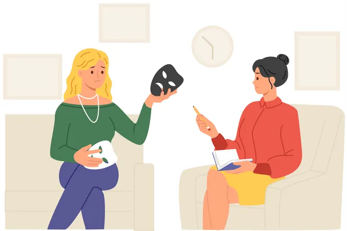 Woman Psychiatrist Advises Woman Trying To Cope With Psychological Disorder And Choose Relationship To Person Or Event Girl Psychiatrist Sits In Chair Opposite Patient During Therapy Session Illustration