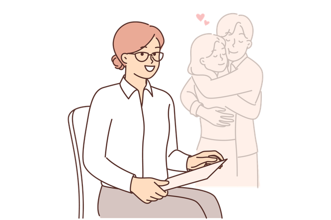 Woman psychologist sits near romantic couple  Illustration