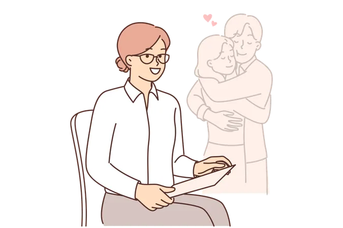 Woman psychologist sits near romantic couple  Illustration