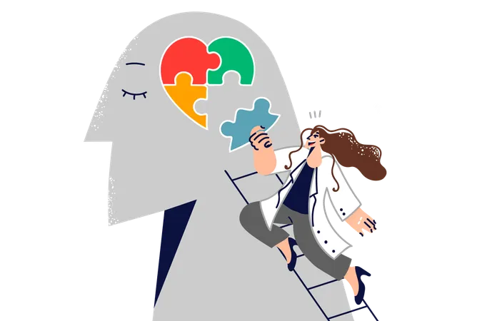 Woman Psychotherapist Helps Restore Psychological Health Of Patient By Assembling Heart From Puzzle In Head Of Sick Person Girl Psychotherapist Provides Mental Assistance And Restores Memories Illustration