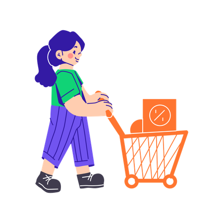 Woman Pulling A Grocery Cart  Illustration