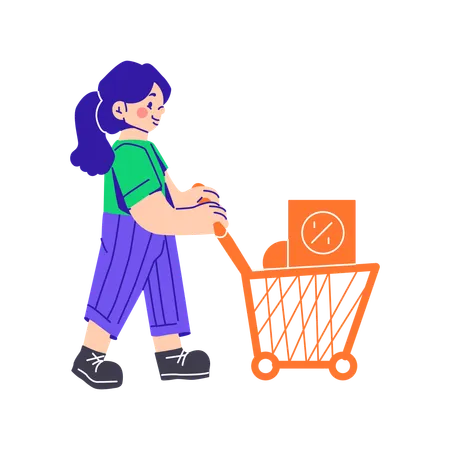 Woman Pulling A Grocery Cart  Illustration