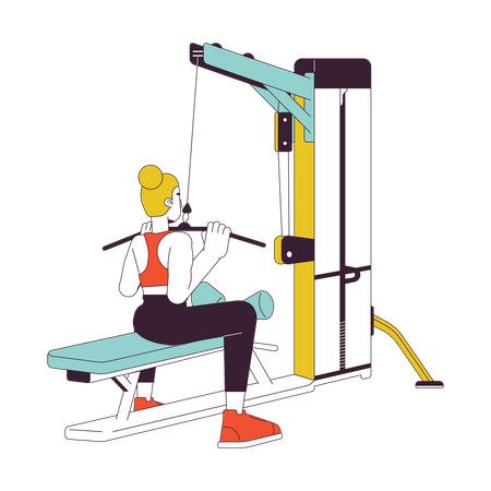 Woman pulling bar down on lat pulldown machine  Illustration