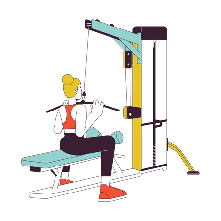 Woman Pulling Bar Down On Lat Pulldown Machine Flat Line Color Vector Character Editable Outline Full Body Person On White Build Stronger Back Simple Cartoon Spot Illustration For Web Graphic Design Illustration