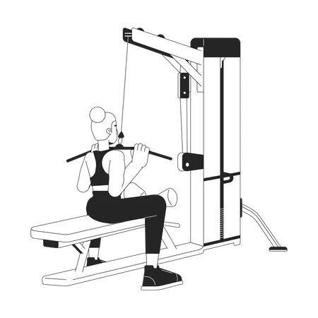 Woman Pulling Bar Down On Lat Pulldown Machine Flat Line Black White Vector Character Editable Outline Full Body Person Build Stronger Back Simple Cartoon Isolated Spot Illustration For Web Design Illustration