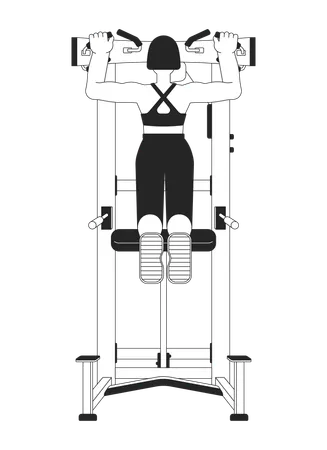 Woman Pulling Up On Pullup Machine Flat Line Black White Vector Character Editable Outline Full Body Person Building Strong Upper Body Simple Cartoon Isolated Spot Illustration For Web Design Illustration