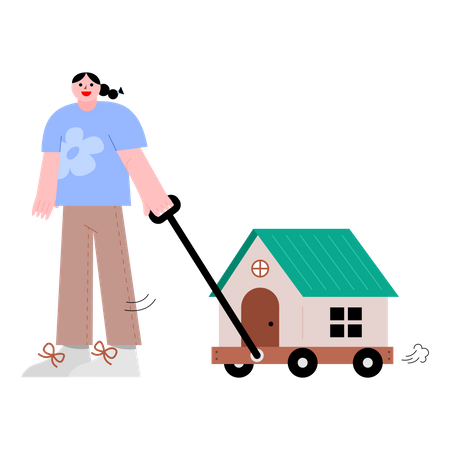 Woman pulling wagon with house  イラスト