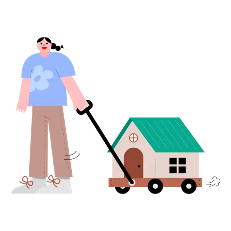 Woman Pulling Wagon With House Vector Illustration In Flat Color Design Illustration