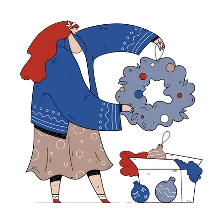 Woman pulls out christmas decoration items  Illustration