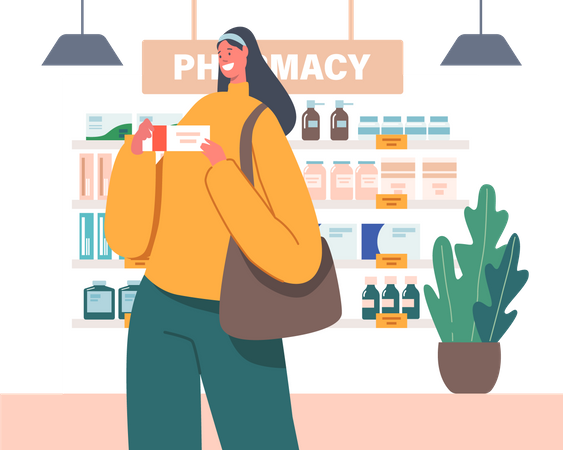 Woman Purchase Drugs in Pharmacy Store Illustration