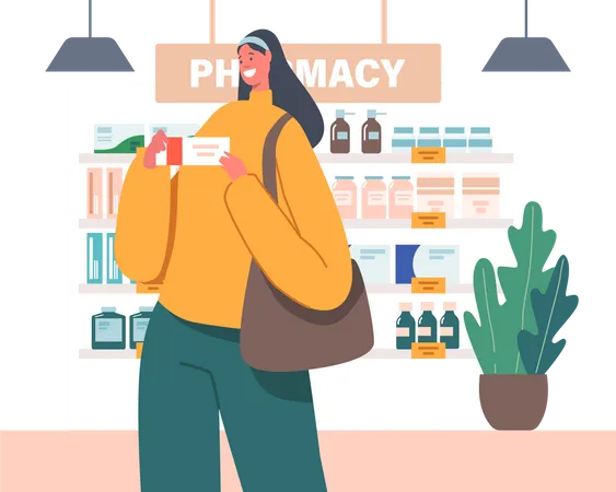 Woman Purchase Drugs in Pharmacy Store Illustration