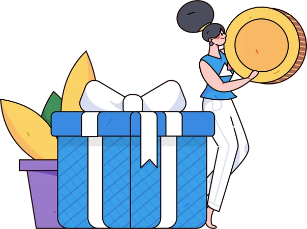 Woman purchases gift from YEN coin  Illustration