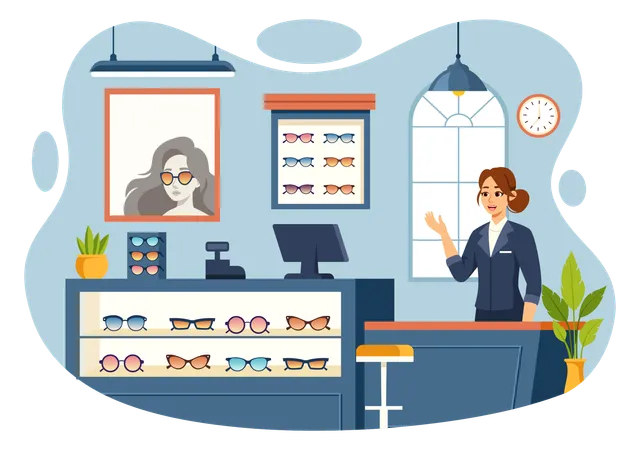 Vector Illustration Of An Eyeglasses Store Or Optical Shop Featuring Accessories An Optician Vision Checking And Eyeglasses In A Flat Background Illustration