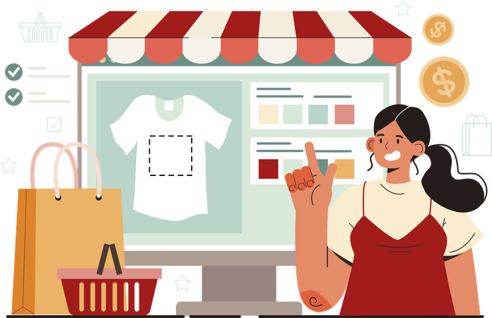 Woman purchases online clothes  Illustration