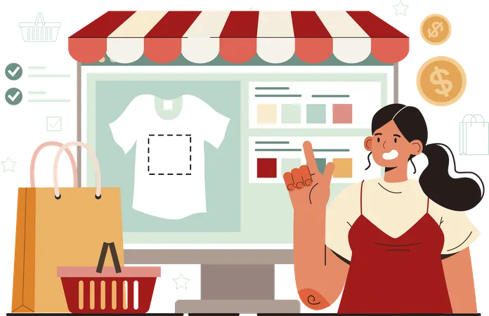 Woman purchases online clothes  Illustration