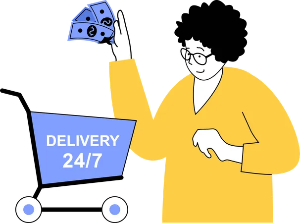 Woman purchases product and keep them in delivery cart  Illustration