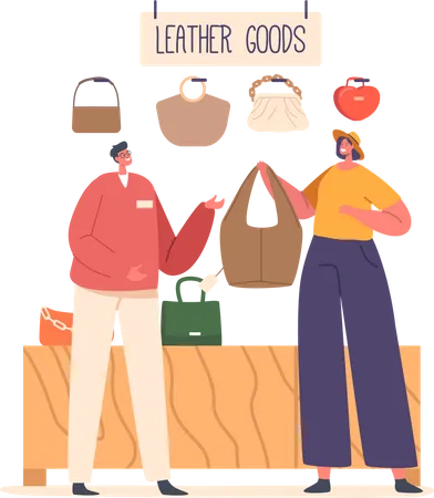 Woman Purchases Stylish Bag At Store Selecting Her Favorite Chatting With Salesman And Happily Smiling With Her New Purchase In Hands Character Cartoon People Vector Illustration Illustration