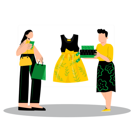 Woman purchasing dress from fashion store Illustration