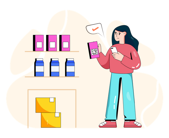 Woman purchasing goods by scanning qr code Illustration