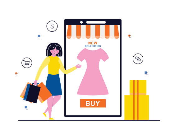 Woman purchasing product by mobile app Illustration