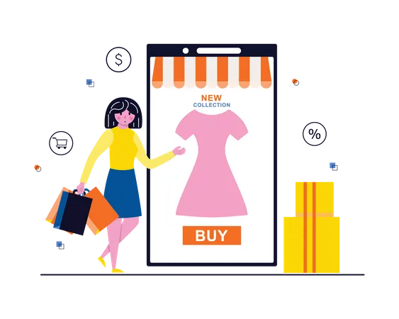 Woman purchasing product by mobile app Illustration