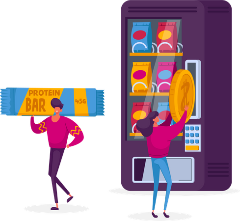 Woman purchasing protein bar from vending machine  Illustration