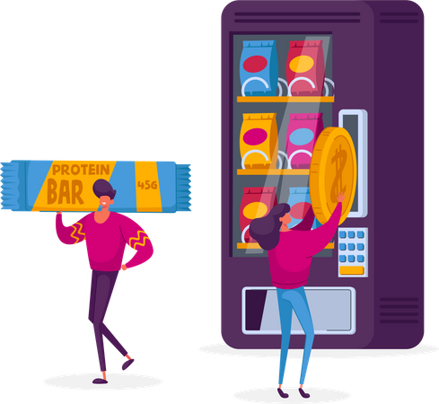 Woman purchasing protein bar from vending machine  Illustration