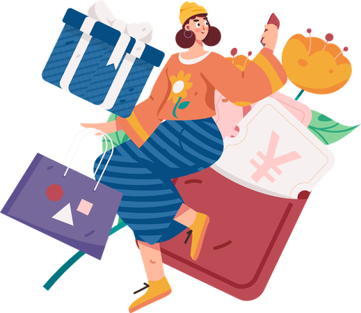 Woman purchasing using Yen wallet  Illustration